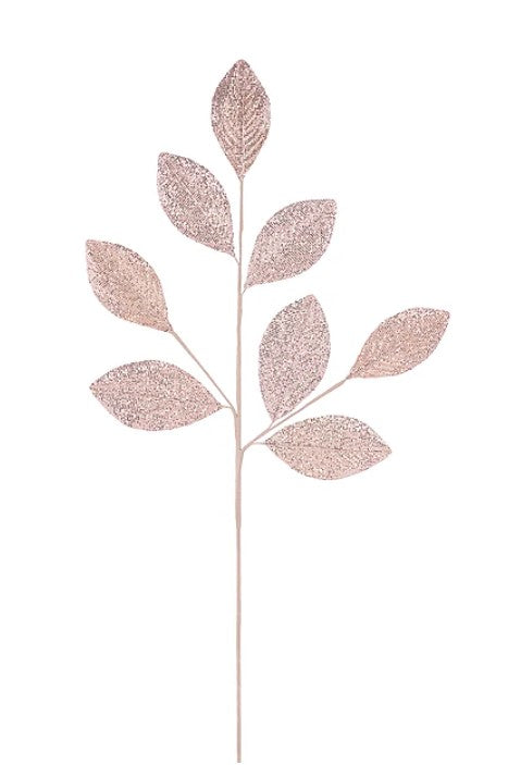 A single, thin stem with multiple leaves attached to it, all of which appear to be made of a shiny, metallic material.