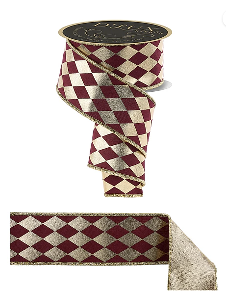 A decorative ribbon with a gold and burgundy diamond pattern.