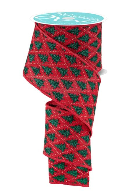 A roll of red and green Christmas tree-patterned ribbon.
