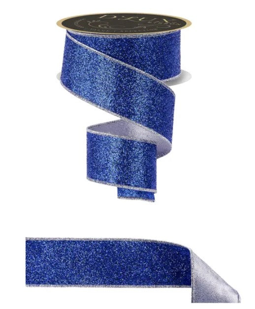 a blue glittery ribbon with silver trim.