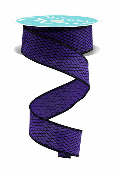 A spiral-shaped purple and black fabric ribbon is shown against a white background.