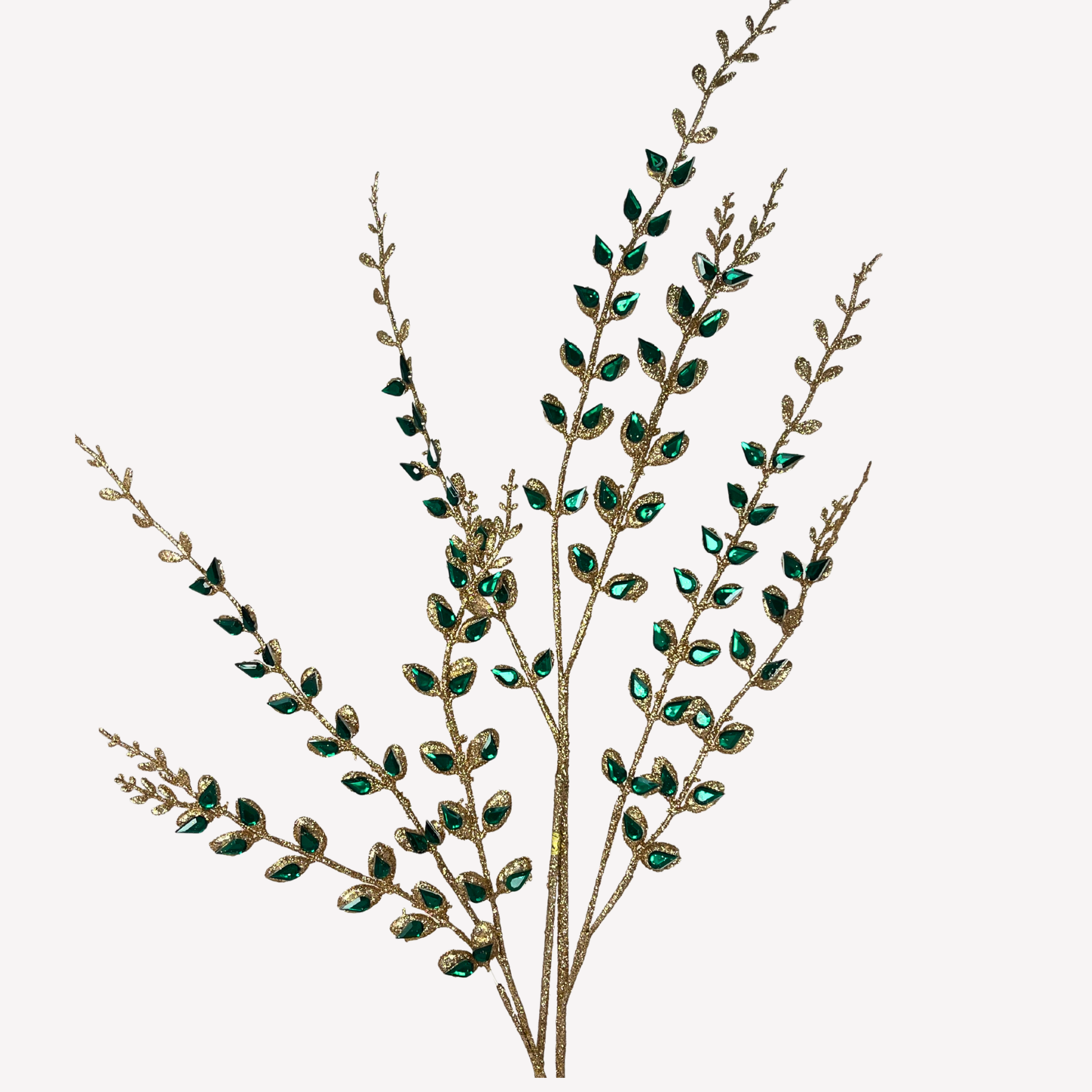 A stylized image of a plant with green leaves and small, round, green gemstones or stones attached to the branches.