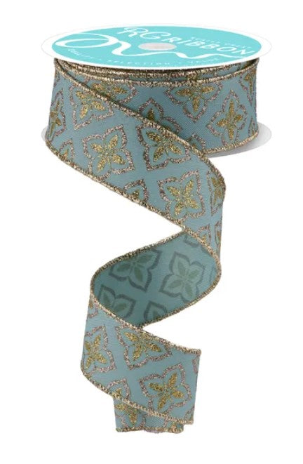 A turquoise and gold floral patterned ribbon is shown, with a spool of the same ribbon visible at the top.