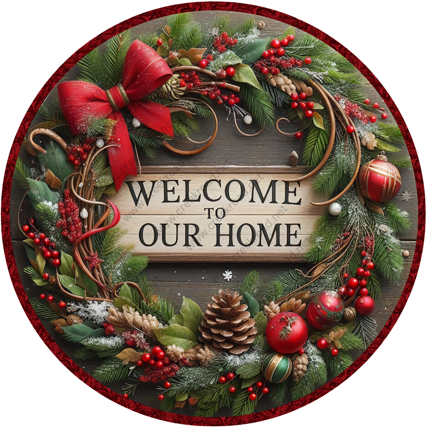 A festive wreath with a "Welcome to Our Home" sign in the center, surrounded by various holiday decorations such as pine cones, berries, and ornaments.