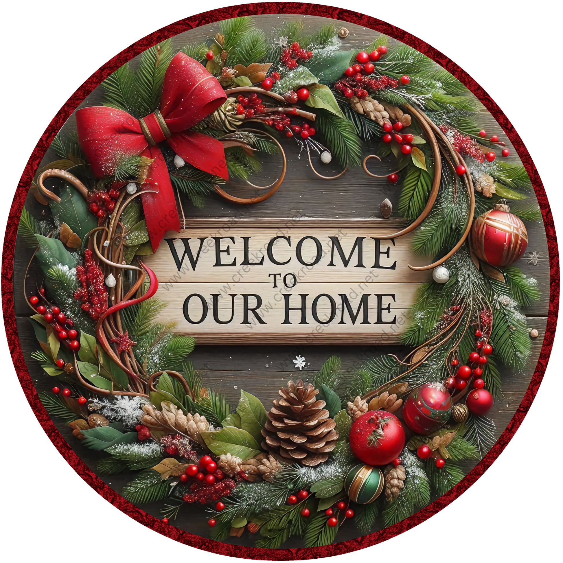 A festive wreath with a "Welcome to Our Home" sign in the center, surrounded by various holiday decorations such as pine cones, berries, and ornaments.