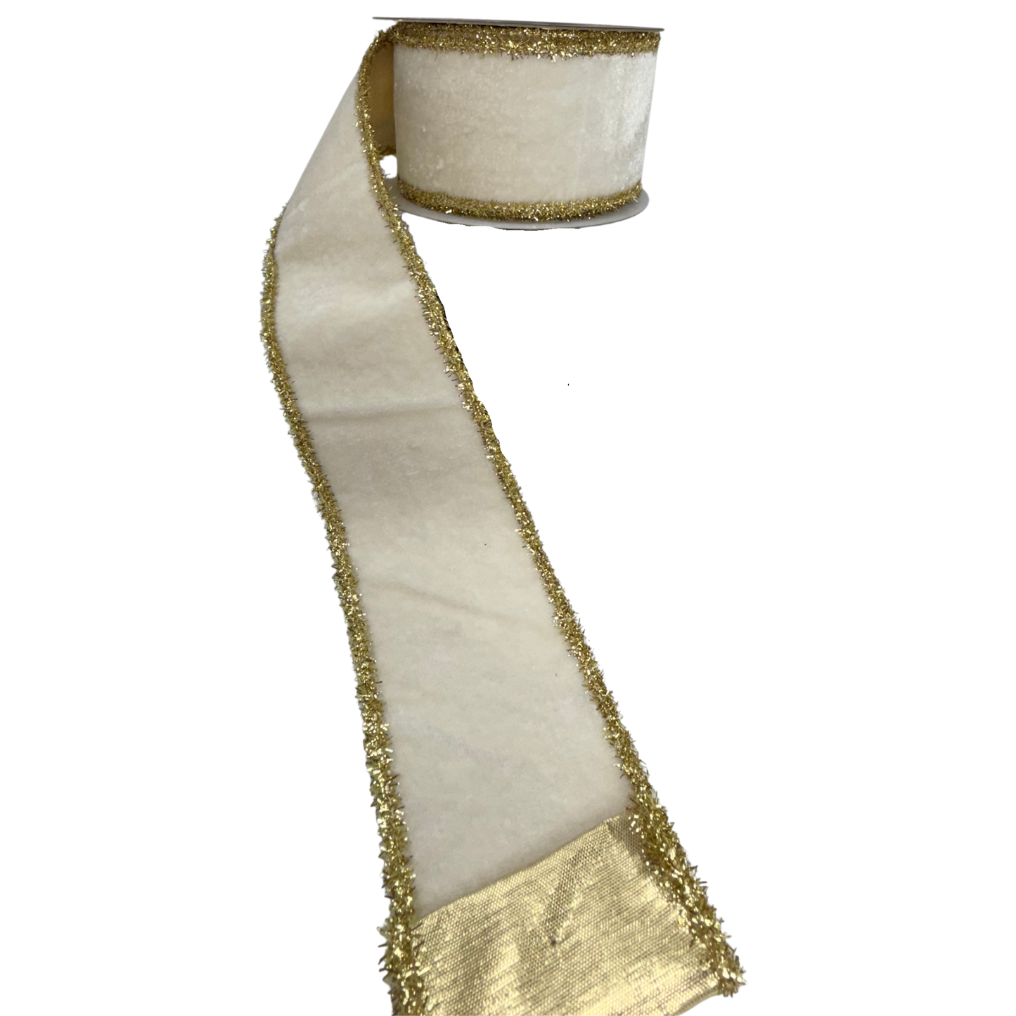A roll of white velvet ribbon with gold glitter trim.