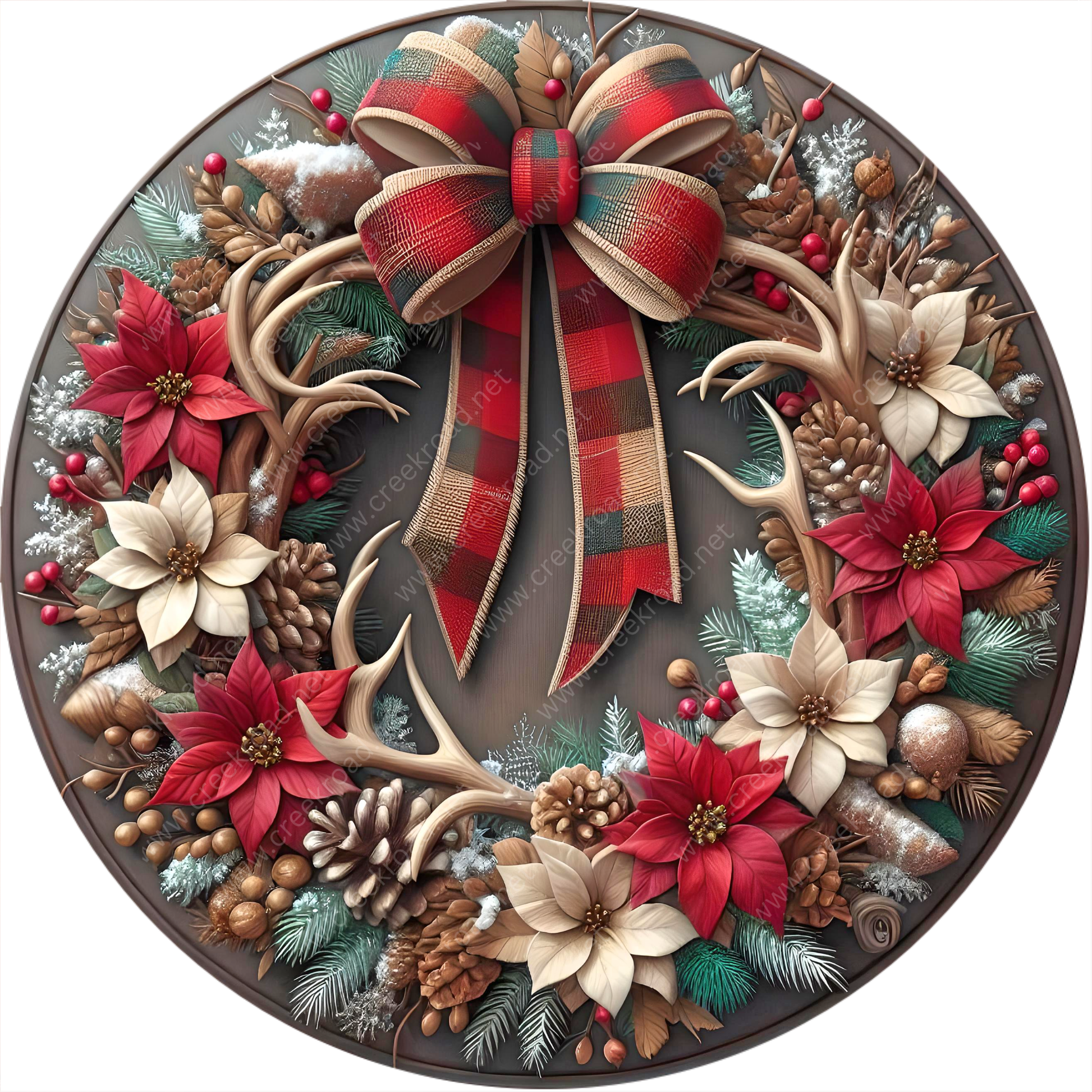 A beautifully decorated Christmas wreath with a large red bow, pine cones, poinsettias, and antlers.