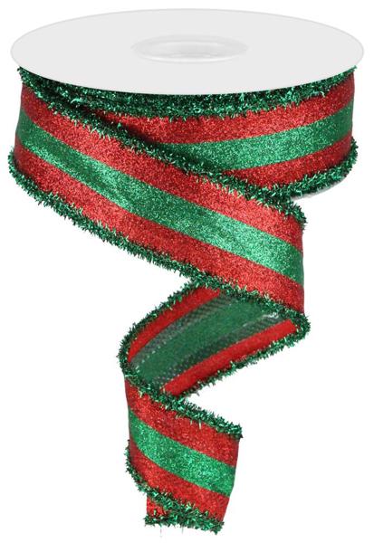 a roll of green and red glitter ribbon