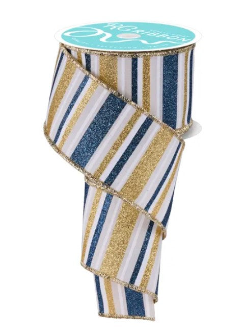 A roll of ribbon with a striped pattern in blue, white, and gold colors.