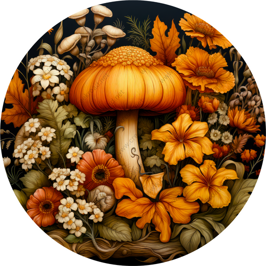 a painting of a mushroom surrounded by flowers