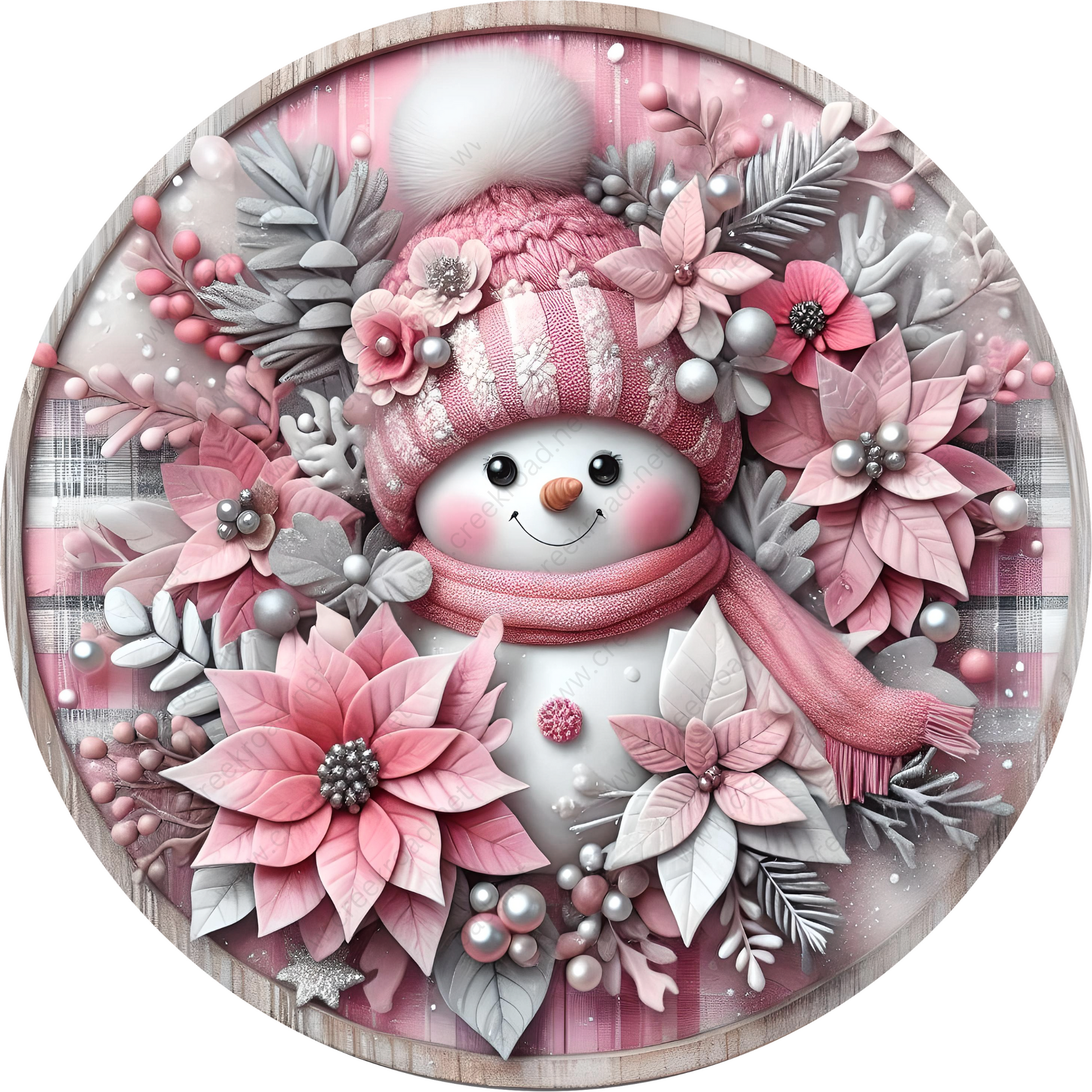 a snowman with a pink hat and scarf