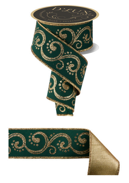 a roll of green and gold ribbon next to a roll of gold ribbon