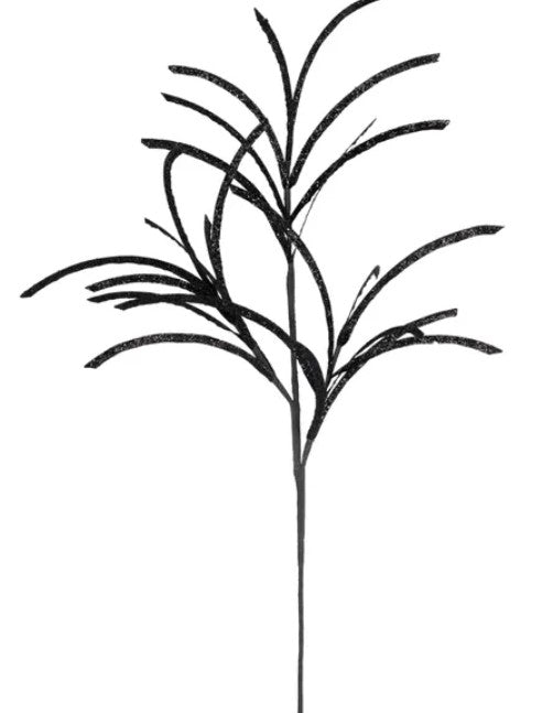 A black and white image depicting a stylized, abstract plant or tree-like structure with curved, flowing lines.