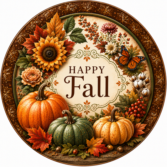 A circular frame with a border of autumn leaves and flowers surrounding a banner that reads "Happy Fall". The frame contains three pumpkins, a sunflower, and a butterfly, creating a festive and seasonal atmosphere.