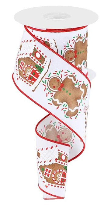 A white ribbon with red trim, decorated with various gingerbread houses and other festive designs.