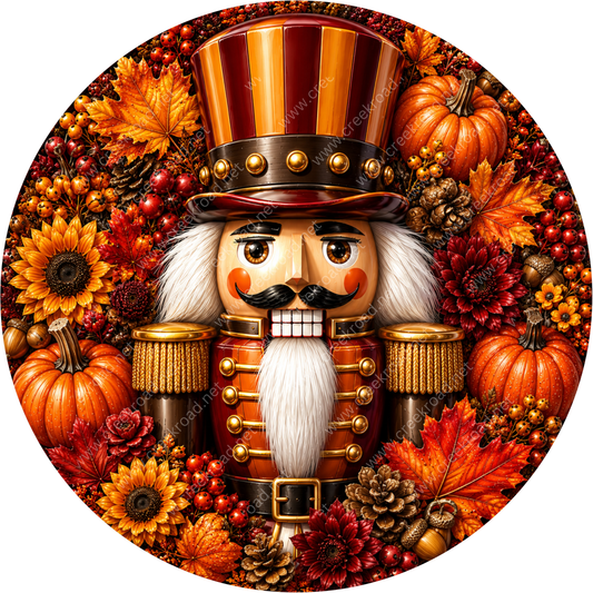 A nutcracker figure surrounded by autumn-themed decorations, including pumpkins, sunflowers, and pine cones.