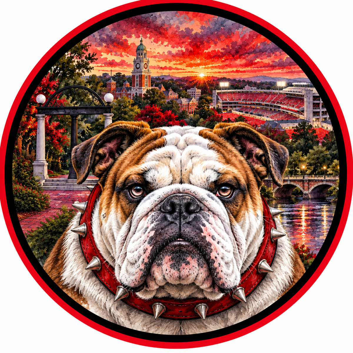 A bulldog wearing a red spiked collar is the main focus of the image, set against a backdrop of a sunset over a stadium and a bridge.