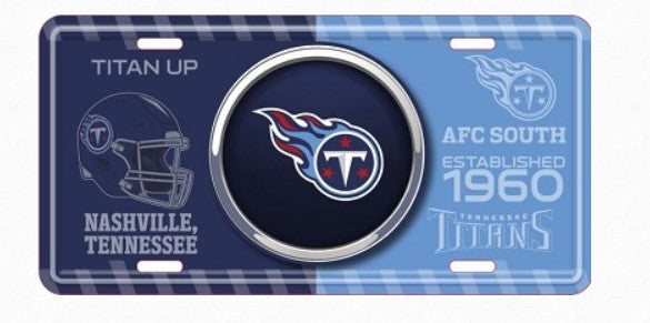 A blue and white license plate with the Tennessee Titans logo and text, including "TITAN UP" and "AFC SOUTH ESTABLISHED 1960".
