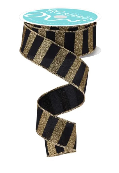 A black and gold striped ribbon with a turquoise label.