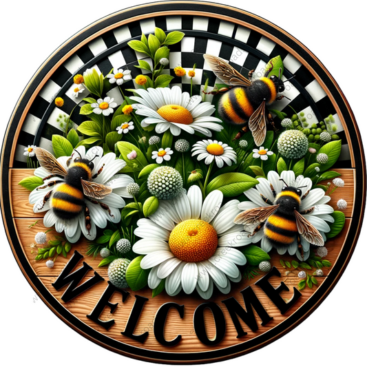 a picture of a welcome sign with bees and daisies