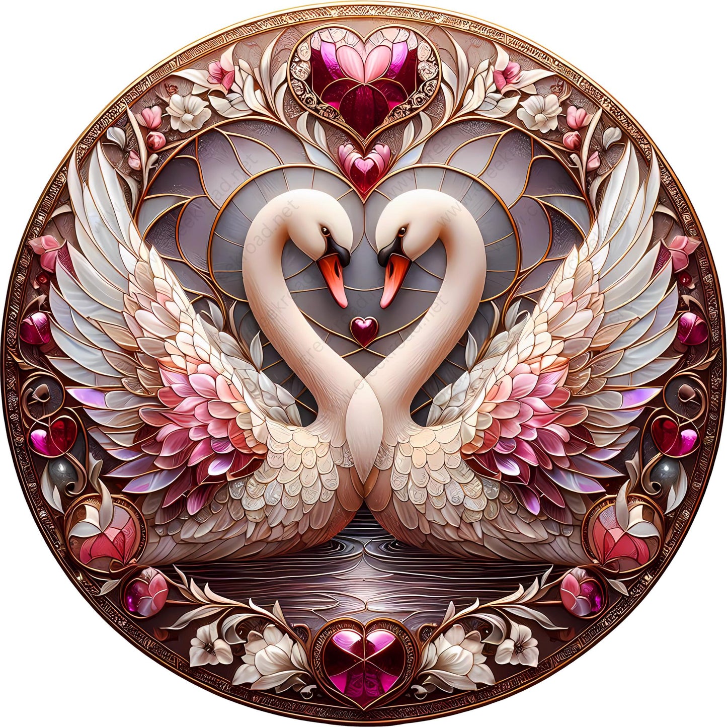 Valentine Swans of Love Gem Hearts Sublimated Wreath Sign