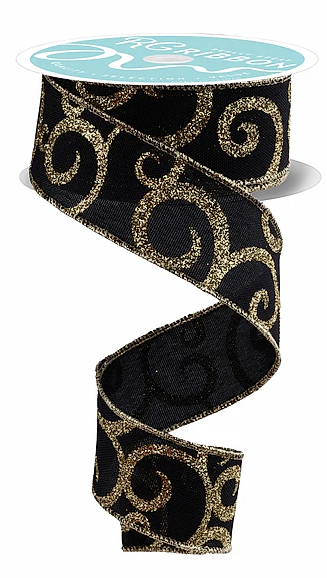 a black and gold spiral-patterned ribbon with a metallic sheen.