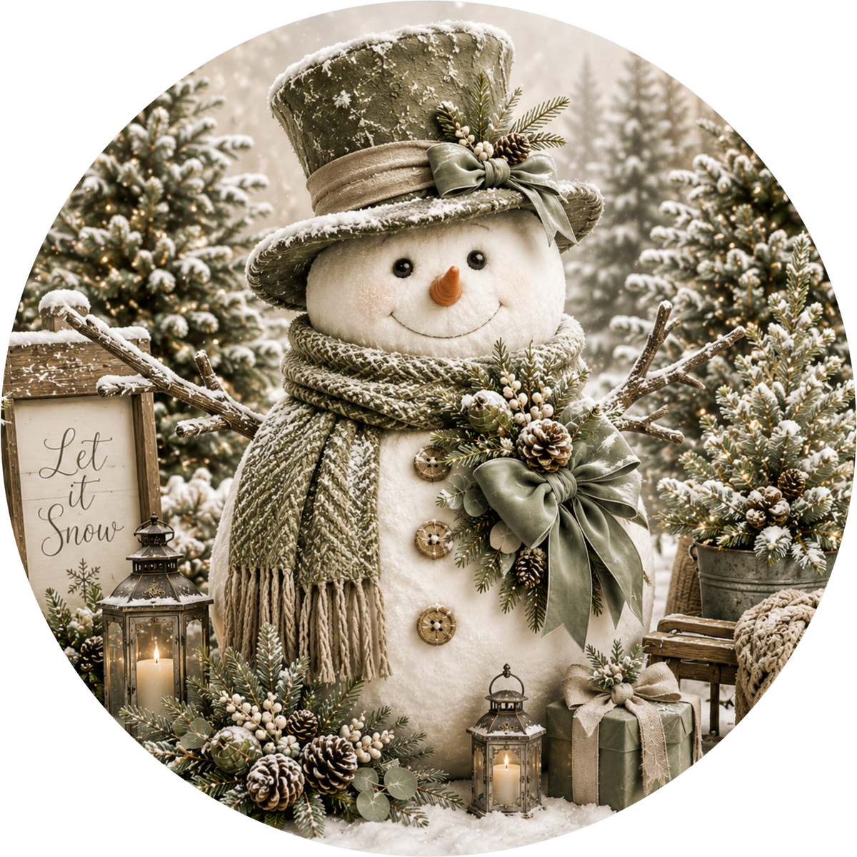 A beautifully decorated snowman stands in a snowy forest, surrounded by Christmas decorations and gifts.
