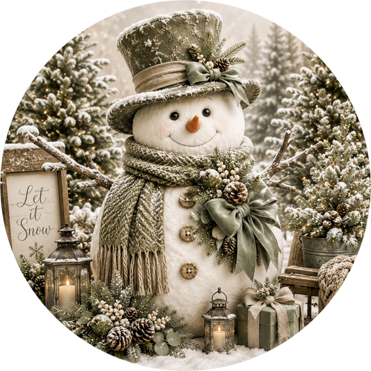 A beautifully decorated snowman stands in a snowy forest, surrounded by Christmas decorations and gifts.