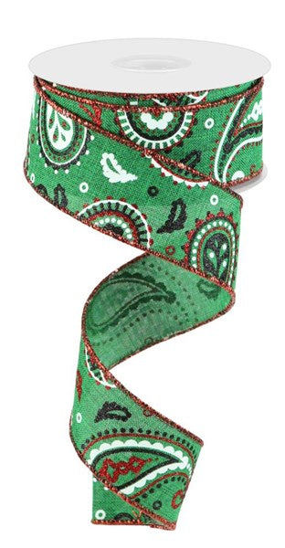 a roll of green and red paisley ribbon