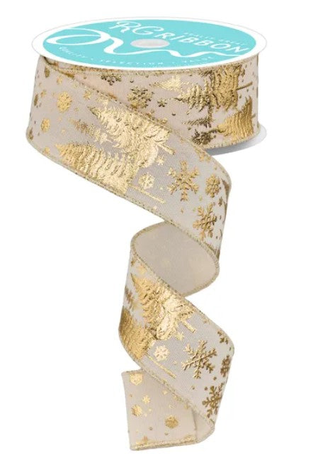 A gold-colored ribbon with a snowflake pattern is shown against a white background.
