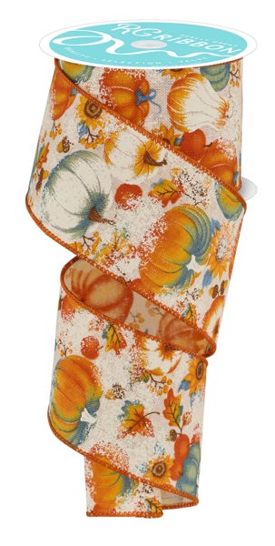 A spiral-shaped ribbon with a floral pattern of pumpkins, leaves, and sunflowers in shades of orange, yellow, and white.