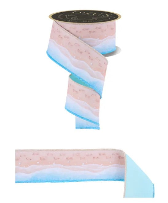 a ribbon with a beach scene design, including a blue and white color scheme.