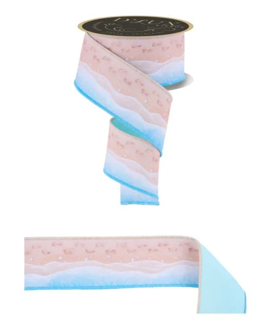 a ribbon with a beach scene design, including a blue and white color scheme.