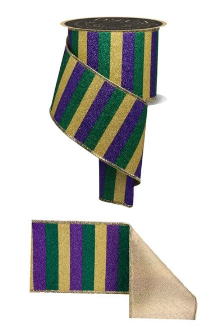 a ribbon with a colorful, striped pattern in shades of purple, green, and gold.