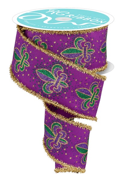 a purple ribbon with green and gold decorations