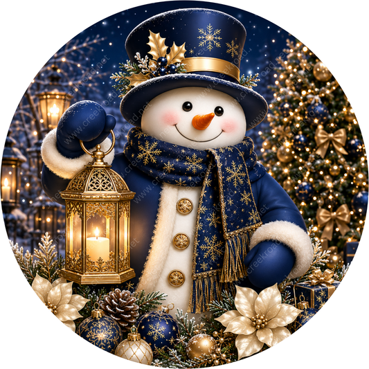 A snowman holding a lantern and surrounded by Christmas decorations, including a tree, ornaments, and a starry night sky background.
