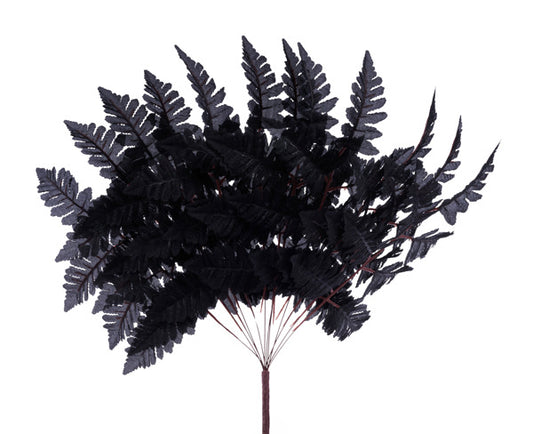 A dark green artificial fern plant with numerous dark green fronds.