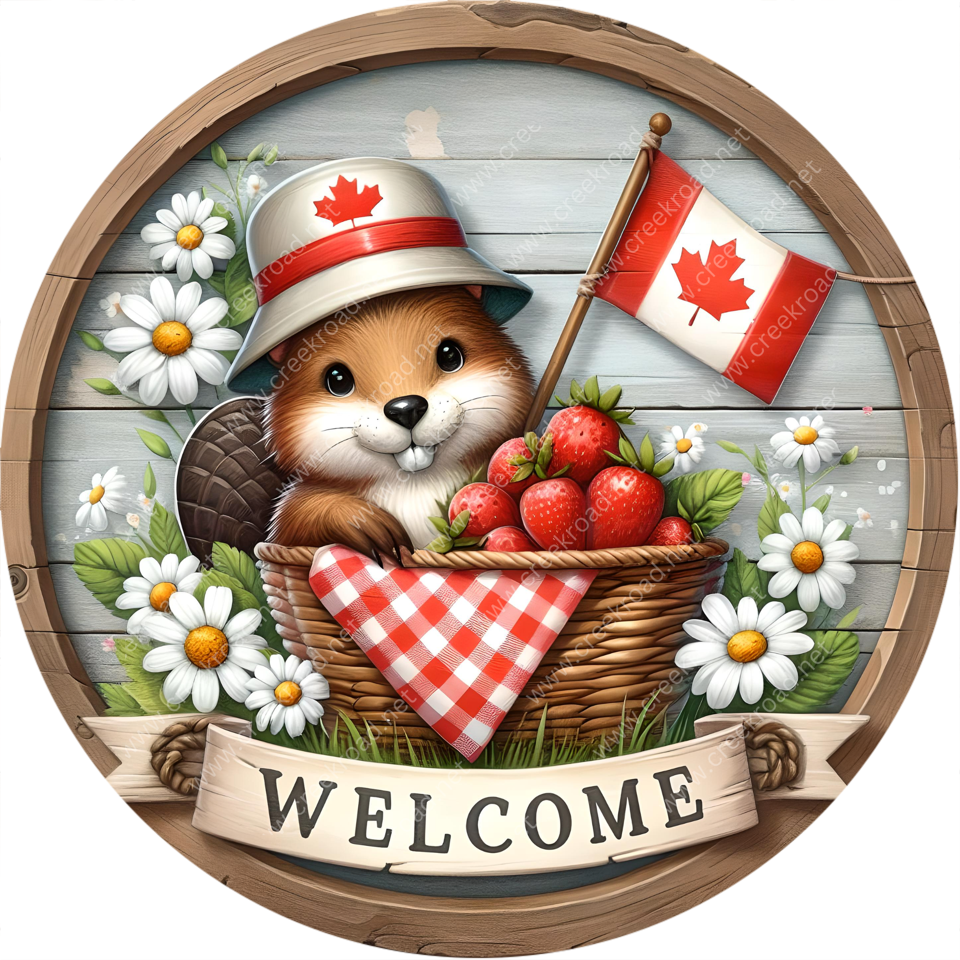 A cheerful beaver wearing a red and white hat sits in a basket filled with strawberries, surrounded by flowers and a Canadian flag, with a "Welcome" banner below.