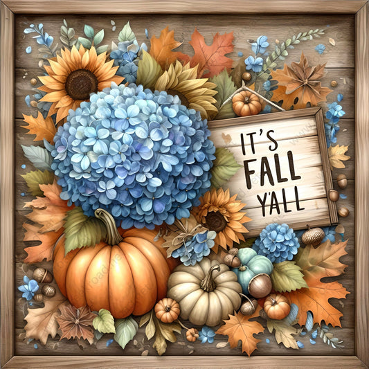 a painting of a bunch of flowers and a sign that says it&#39;s fall