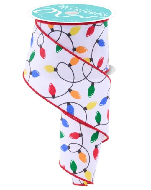 A roll of ribbon with a festive pattern of colorful Christmas lights.
