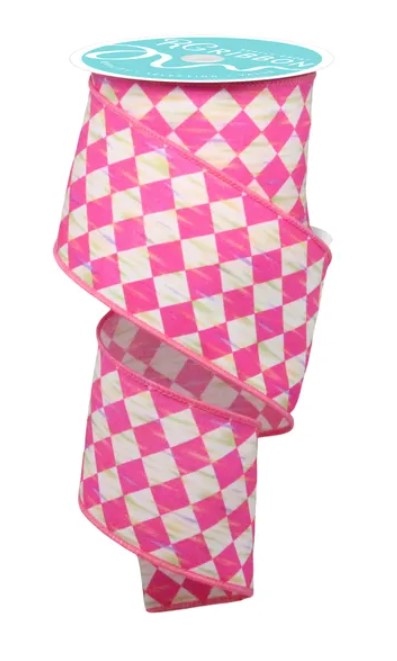 A pink and white checkered pattern ribbon is shown, with a turquoise label attached to it.
