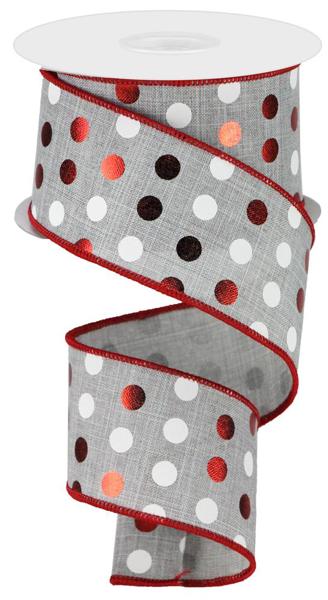 a roll of grey and red polka dot ribbon