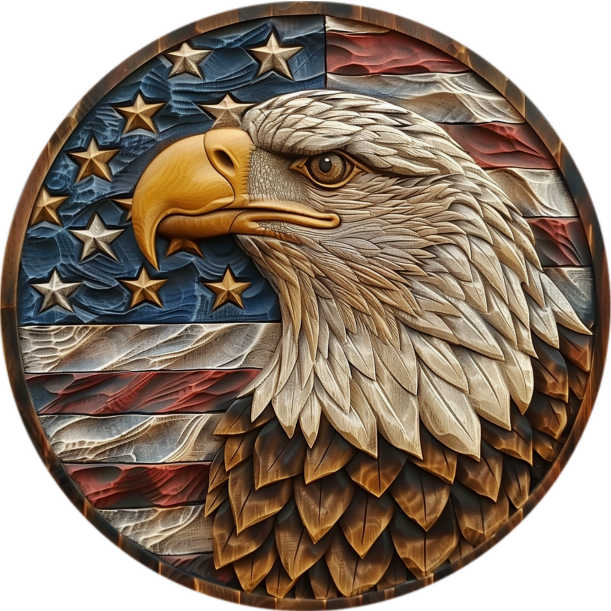a picture of a bald eagle with the american flag in the background