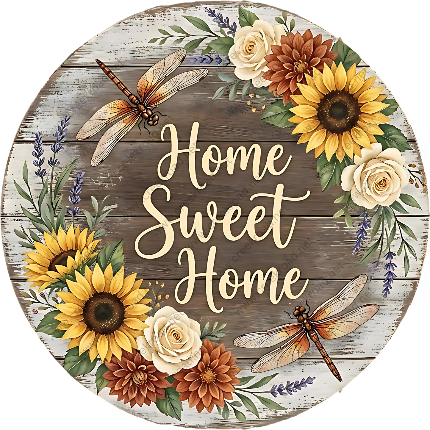 A round wooden sign with a floral border surrounding the text "Home Sweet Home". The sign is decorated with sunflowers, daisies, and dragonflies.