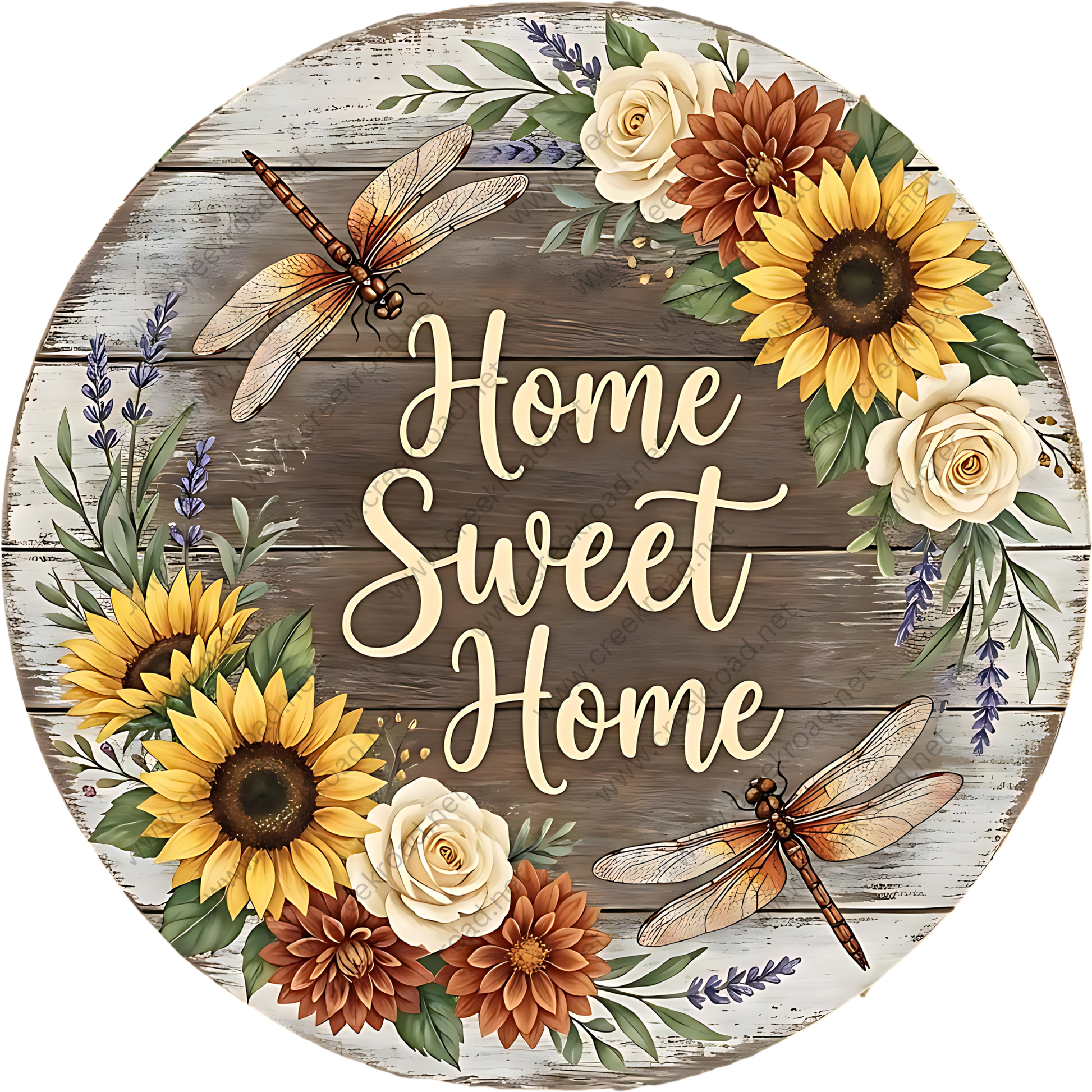 A round wooden sign with a floral border surrounding the text "Home Sweet Home". The sign is decorated with sunflowers, daisies, and dragonflies.