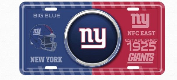 A New York license plate with the New York Giants logo and the New York team colors.