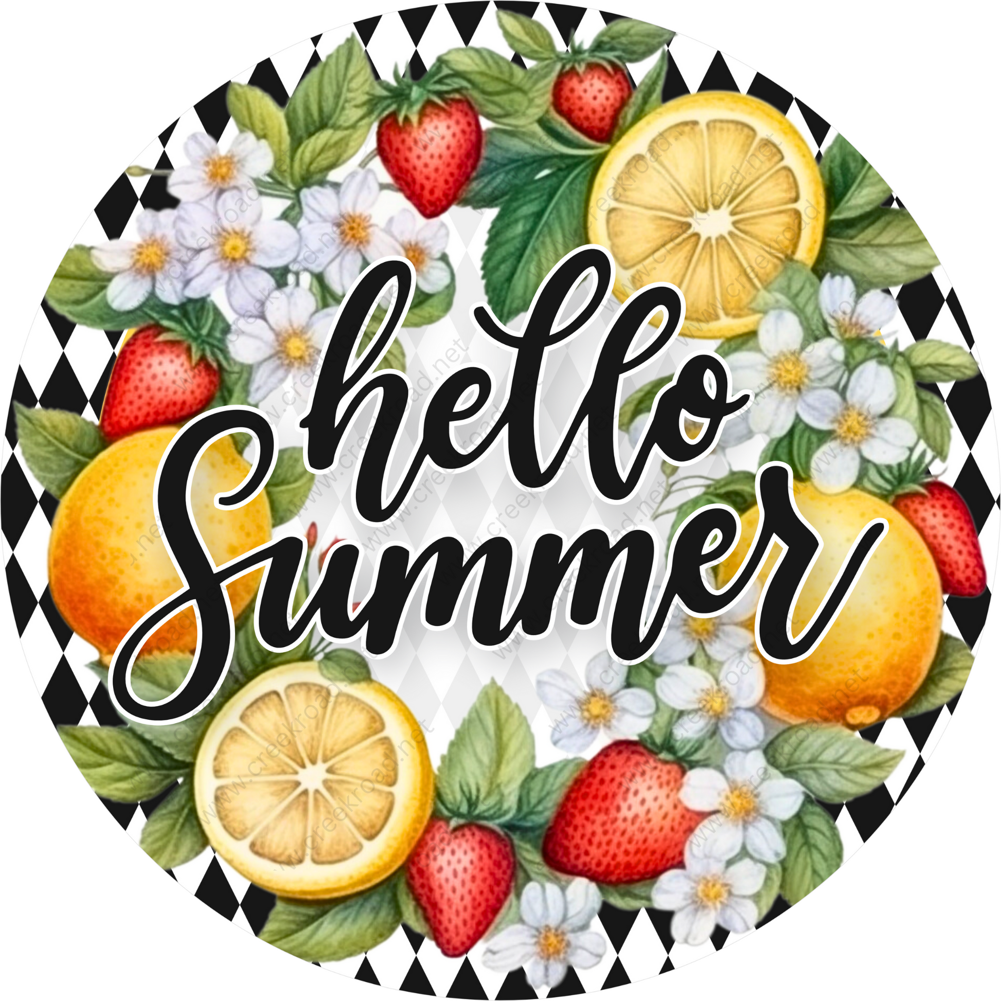 a circle with the words hello summer surrounded by fruit and flowers