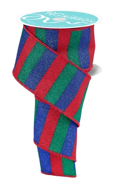 A colorful, striped ribbon with red, blue, and green stripes.