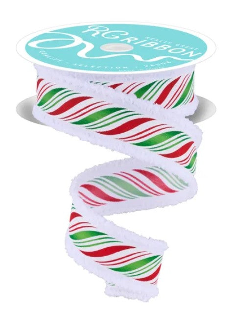 A spiral-shaped ribbon with a pattern of red, green, and white stripes.