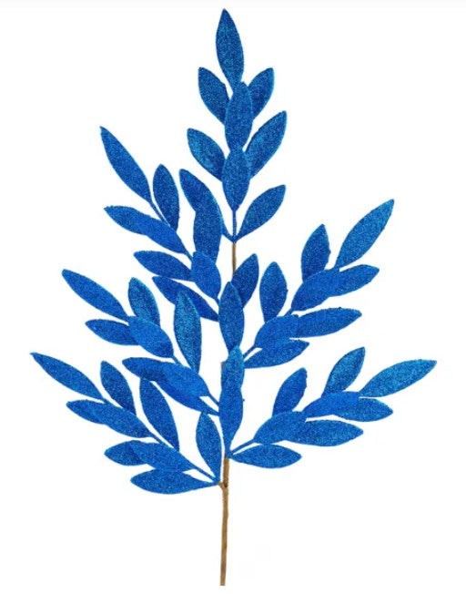 A stylized blue leaf with a pointed top and a thin stem.